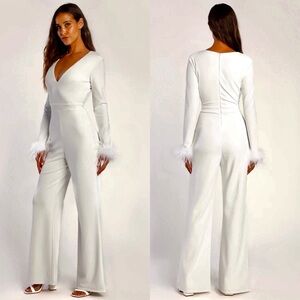 Lulus You Make Everything Feather White Long Sleeve Feather Wide Leg Jumpsuit